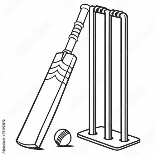 Simple line art illustration of a cricket bat leaning against wickets with a cricket ball resting on the ground beside them symbolizing the sport of cricket