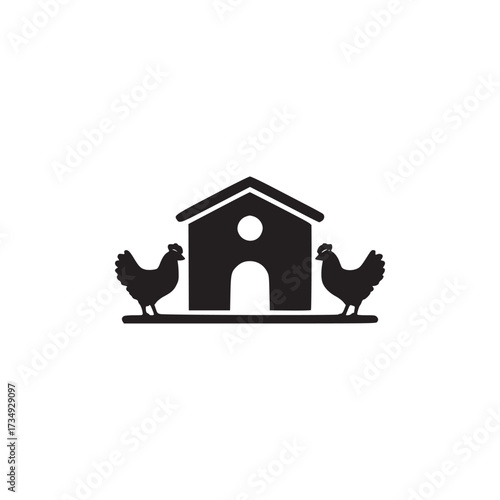 Vector art of black silhouette illustration of a chicken coop with two chickens, representing poultry farming and rural life, suitable for use in agricultural and farmthemed designs
