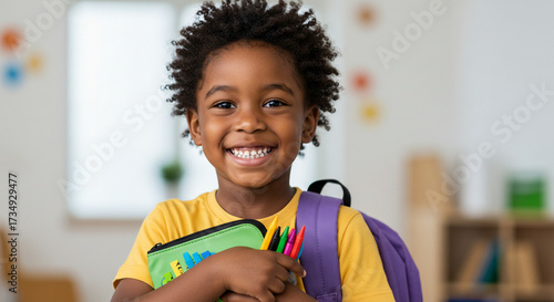 A cheerful young scholar's portrait, radiating happiness and ready for a new day of learning and creativity