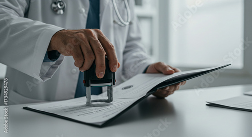 Close-up of a doctor's hand stamping a medical document, symbolizing official approval and healthcare certification