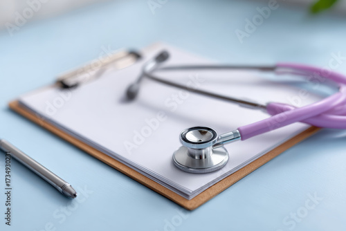 Medical equipment for doctor checking pregnant woman. purple stethoscope and clipboard ready for health examination and diagnosis at hospital clinic for prenatal care