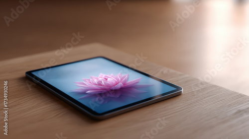 Tablet on wooden table displays flower promoting digital wellness. concept for mental health and self care using technology for relaxation and mindfulness at home