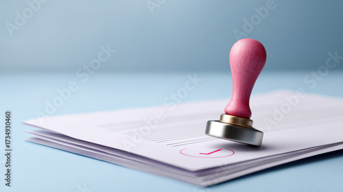 Satisfying confirmation for business project using pink stamp to approve final checklist on document. An official seal marks accepted paperwork and agreement