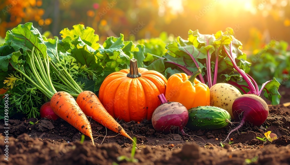 Obraz premium Freshly Harvested Garden Vegetables Displayed on Earthy Ground with Sunlight