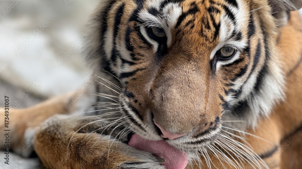 Fototapeta premium Tiger licks its paw in a calm moment, highlighting its unique grooming behavior and striking features in a natural setting