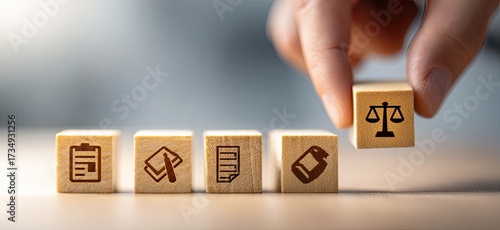 Wooden blocks with icons representing legal and administrative processes being arranged