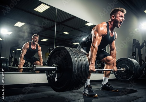 Man lifts weight with reflection in gym mirror