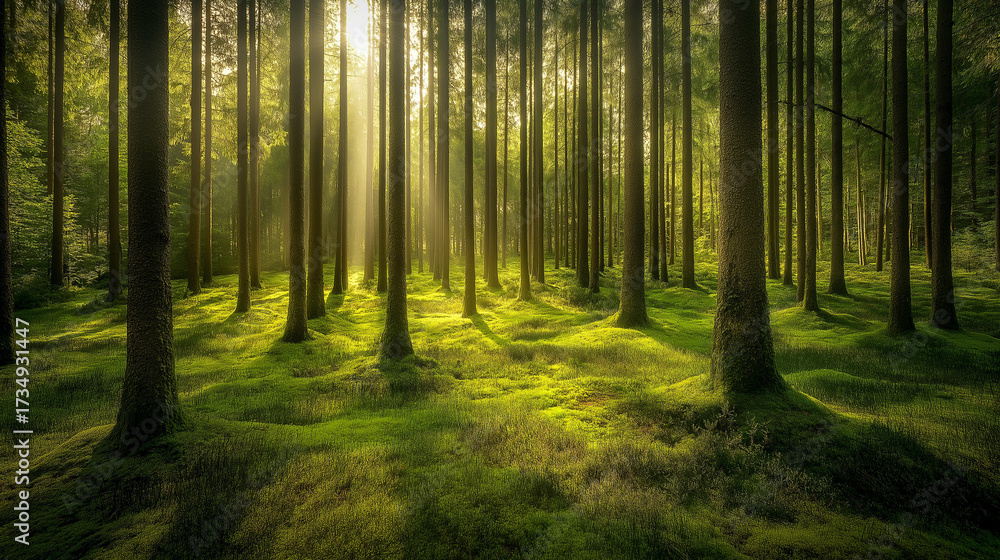 Naklejka premium Beautiful Summer Forest Background with Sunlight – Nature Landscape Illustration