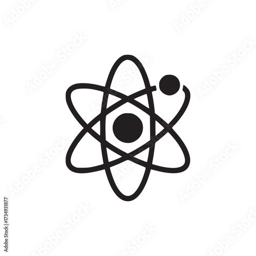 Illustration of a black atom, representing nuclear physics, energy, and scientific research in a minimalist and modern design, symbolizing the fundamental building block of matter