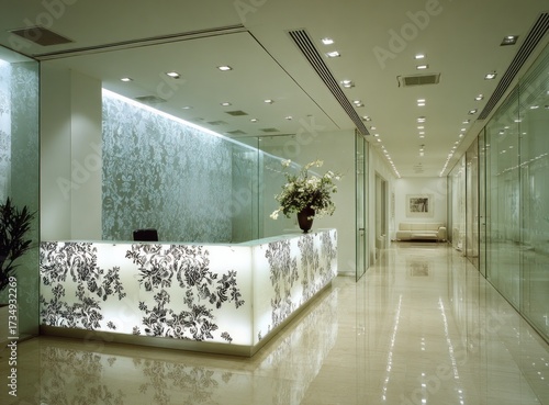 A modern, light-filled office hallway features a sleek reception desk with a decorative floral pattern.