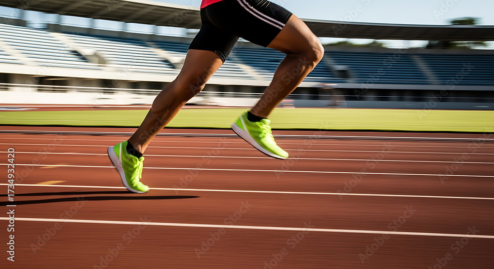 Obraz premium Dynamic shot of a runner's legs in motion on an athletic track, blurring the background to convey speed and focus. Fitness and determination.