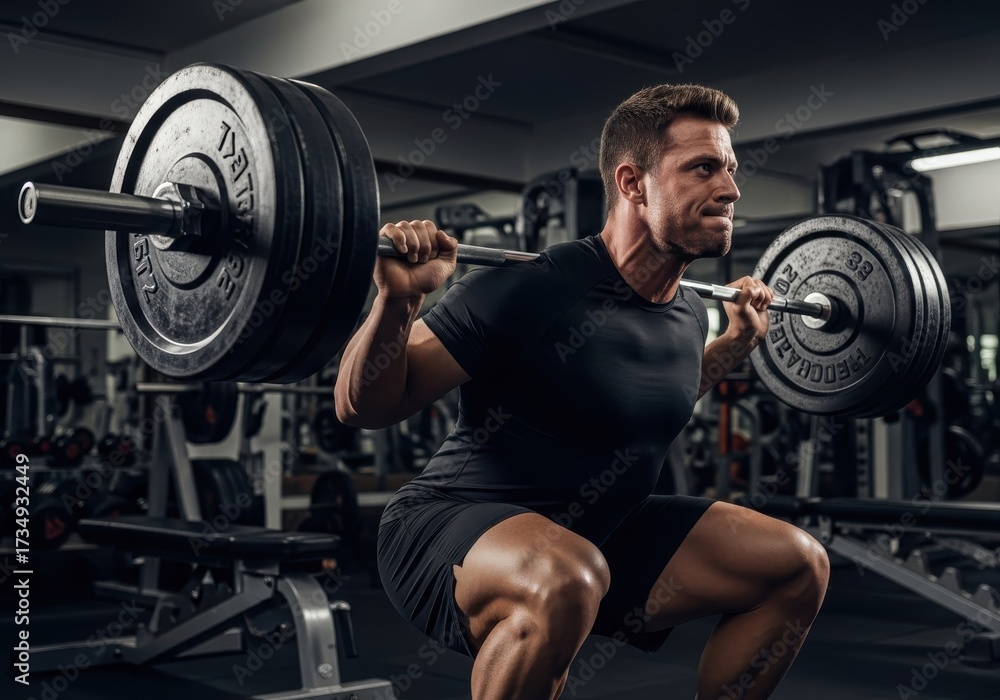 Obraz premium Strength training and bodybuilding with muscular man doing heavy barbell squat in gym