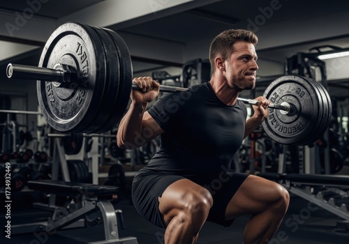 Strong man lifts heavy barbell during squat exercise