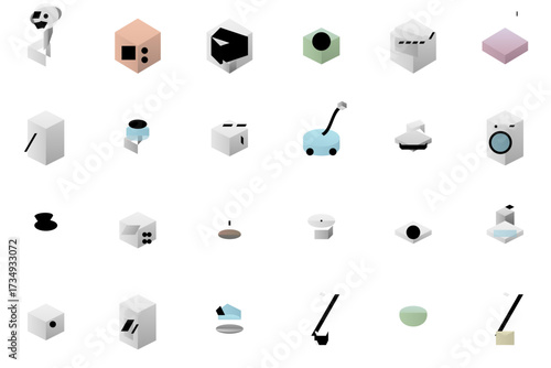 A diverse collection of stylized vector icons representing various electronic devices, appliances, and technological objects.
