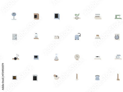 A diverse collection of stylized vector icons representing various electronic devices, appliances, and technological objects.