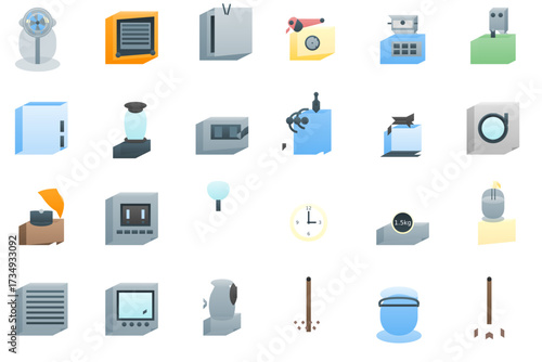 A diverse collection of stylized vector icons representing various electronic devices, appliances, and technological objects.