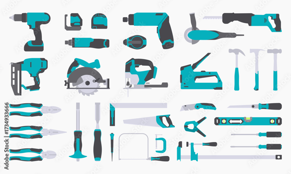 Fototapeta premium Collection of working tools. Repair and construction tools icon set. Hammer, pliers, chisel, file, screwdriver, brush, spatula, wrench, saw, drill, ruler, grinder, tool box. Vector flat illustration.