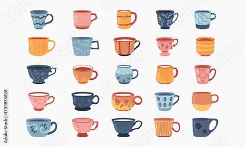 Tea coffee vintage cup set vector illustration. Cartoon vintage teacup collection for english afternoon tea ceremony party or breakfast, retro flower, leaf, stripes hand drawn pattern on cup and mug