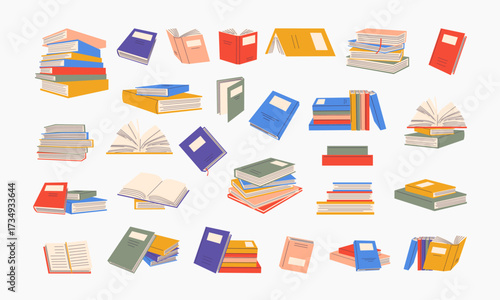 Stacks of books for reading, pile of textbooks for education. Set of literature, dictionaries, encyclopedias, planners with bookmarks. Colored flat vector illustration isolated on white background