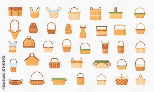 Basket set vector illustration. Cartoon isolated wooden, bamboo and straw empty basket collection with hampers of different shape, boxes for laundry storage and picnic, bags with handles for market