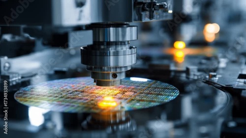 A close-up view of advanced semiconductor wafer processing inside a modern cleanroom facility, showcasing precision machinery, high-tech innovation, and futuristic chip manufacturing technology
