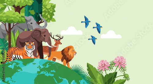 World Wildlife Day a diverse collection of wild animals and lush plant life thriving together on a stylized Earth, symbolizing global biodiversity and ecological harmony
