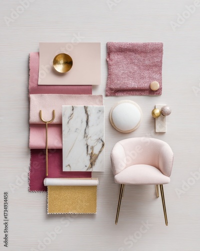 Chic Pink  Gold Interior Design Mood Board Flat Lay - Velvet Chair, Marble, Fabric Swatches,  Decor Elements.