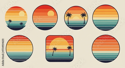 Retro sunset design elements in circles and square with palm trees