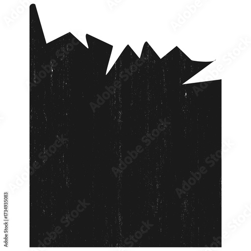 Abstract black graphic with jagged edges and textured surface, resembling a torn or broken shape.