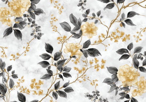 A delicate floral pattern, featuring soft yellow blossoms, dark gray foliage, and elegant stems, all set against a textured white marble background.