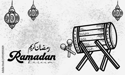 Islamic display decoration composition traditional bedug drum and ketupat Vector Illustration, Eid Mubarak and Ramadan Kareem Template Banner