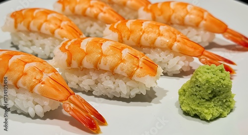 Fresh sushi nigiri with cooked shrimp on a white plate ready to eat