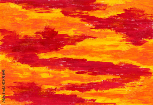 Abstract fiery painting with horizontal layers of red, orange, yellow brush strokes. Warm tones like flames, sunset clouds, autumn mood. Pattern texture background on canvas.