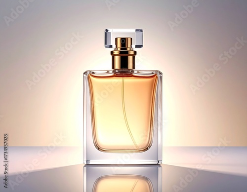An elegant glass perfume bottle with golden liquid, a gold cap, and a clear rectangular design, set against a softly lit, warm gradient background.