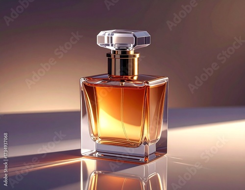 Elegant perfume bottle with a clear, faceted stopper and golden liquid, set against a soft background.