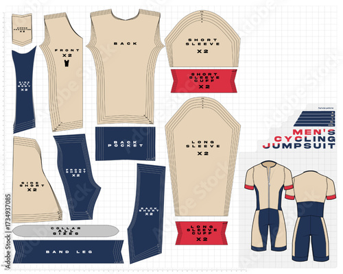 Men’s cycling jumpsuit vector pattern sewing, skating jumpsuit, graded sizes S to XXL. Ideal for sportswear designers, garment construction, sewing templates, and technical fashion design