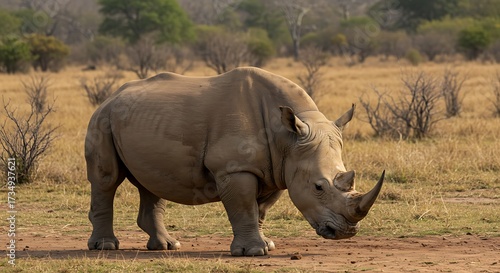 Rhino stands alert in natural habitat with open field background