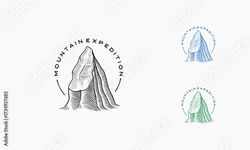 Rock Mountain logo emblem. Hand drawn Adventure retro vector illustration.
