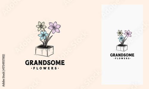 Flower vector logo emblem design template illustration hand drawn style. Outline graphics garden flowers shop