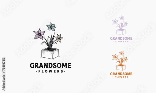 Flower vector logo emblem design template illustration hand drawn style. Outline graphics garden flowers shop