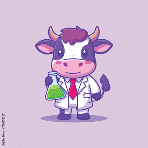 Cute cow scientist holding lab tube cartoon vector icon illustration. animal science icon isolated