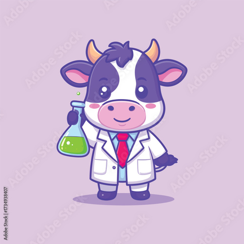 Cute cow scientist holding lab tube cartoon vector icon illustration. animal science icon isolated
