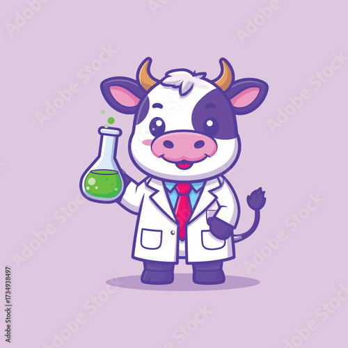 Cute cow scientist holding lab tube cartoon vector icon illustration. animal science icon isolated