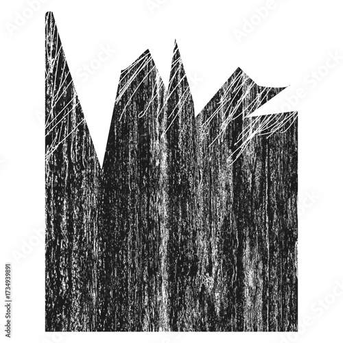 Abstract black and white graphic of a jagged silhouette with a heavily textured, scratched, and linear surface.