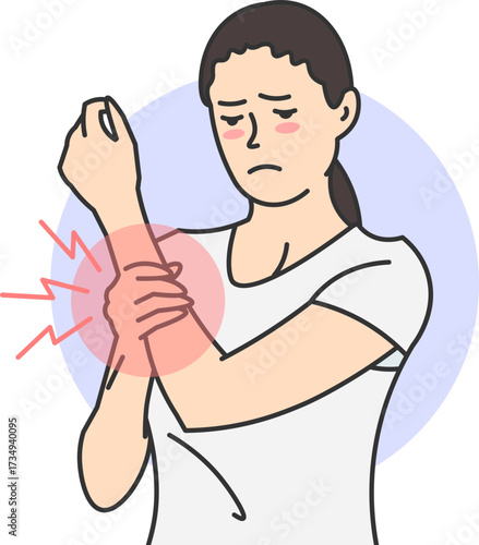 Woman with severe pain in her arm holding her joint with a suffering expression