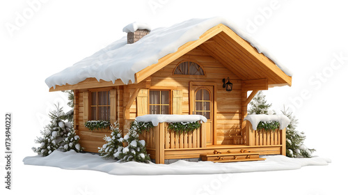 Cozy Wooden Cabin with Snowy Roof and Warm Window Glow on Transparent Background