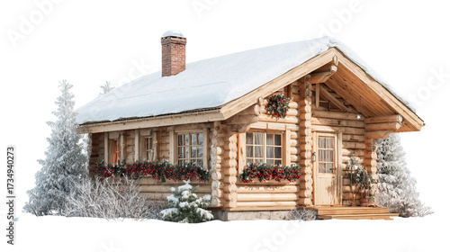 Cozy Wooden Cabin with Snowy Roof and Warm Window Glow on Transparent Background