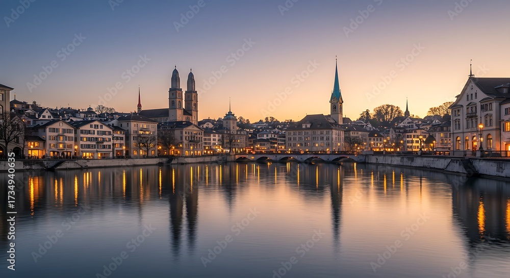 Naklejka premium Cityscape at dusk buildings reflected in calm water under a clear sky
