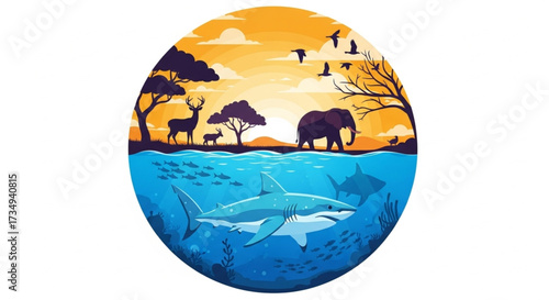 World Wildlife Day Diverse Wildlife in Vibrant Ecosystems, Underwater and Terrestrial, Illustrated Art