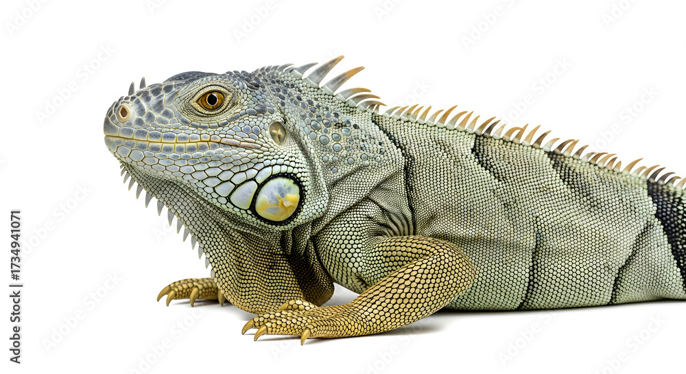 Fototapeta premium Majestic Iguana Portrait: A detailed, close-up photograph showcases the textured skin, sharp scales, and piercing gaze of a vibrant iguana.